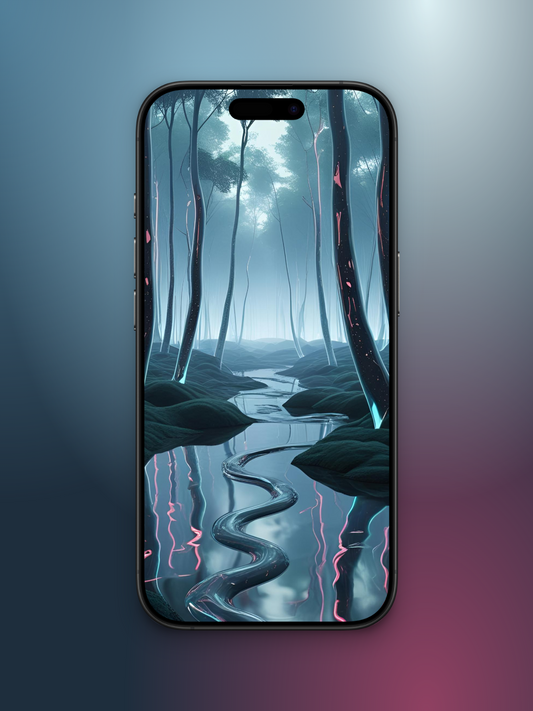 bosque futurista imagen de portada de un bosque moderno con una sombra de agua debajo, con tonos sobrios con neon y en un día nublado