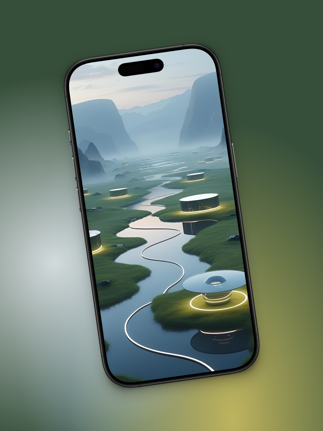 Imagen ladeada de un campo con un río moderno minimalista y futurista basado en cómo sería el mes de septiembre en el año 3000. Se ve un cable blanco en el río zigag con bordes redondeados y casas cilindricas anchas modernas, en el fondo se ven montañas e inmensas rococidades.