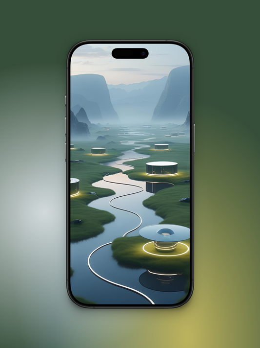 Imagen de un campo con un río moderno minimalista y futurista basado en cómo sería el mes de septiembre en el año 3000. Se ve un cable blanco en el río zigag con bordes redondeados y casas cilindricas anchas modernas, en el fondo se ven montañas e inmensas rococidades.