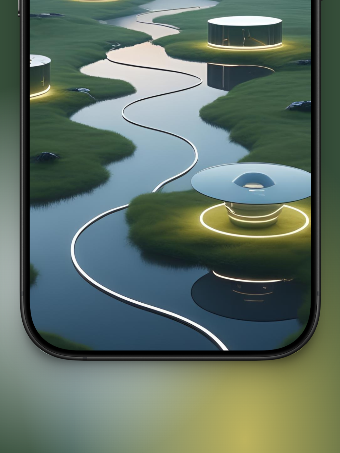 Imagen Zoom Abajo de un campo con un río moderno minimalista y futurista basado en cómo sería el mes de septiembre en el año 3000. Se ve un cable blanco en el río zigag con bordes redondeados y casas cilindricas anchas modernas, en el fondo se ven montañas e inmensas rococidades.