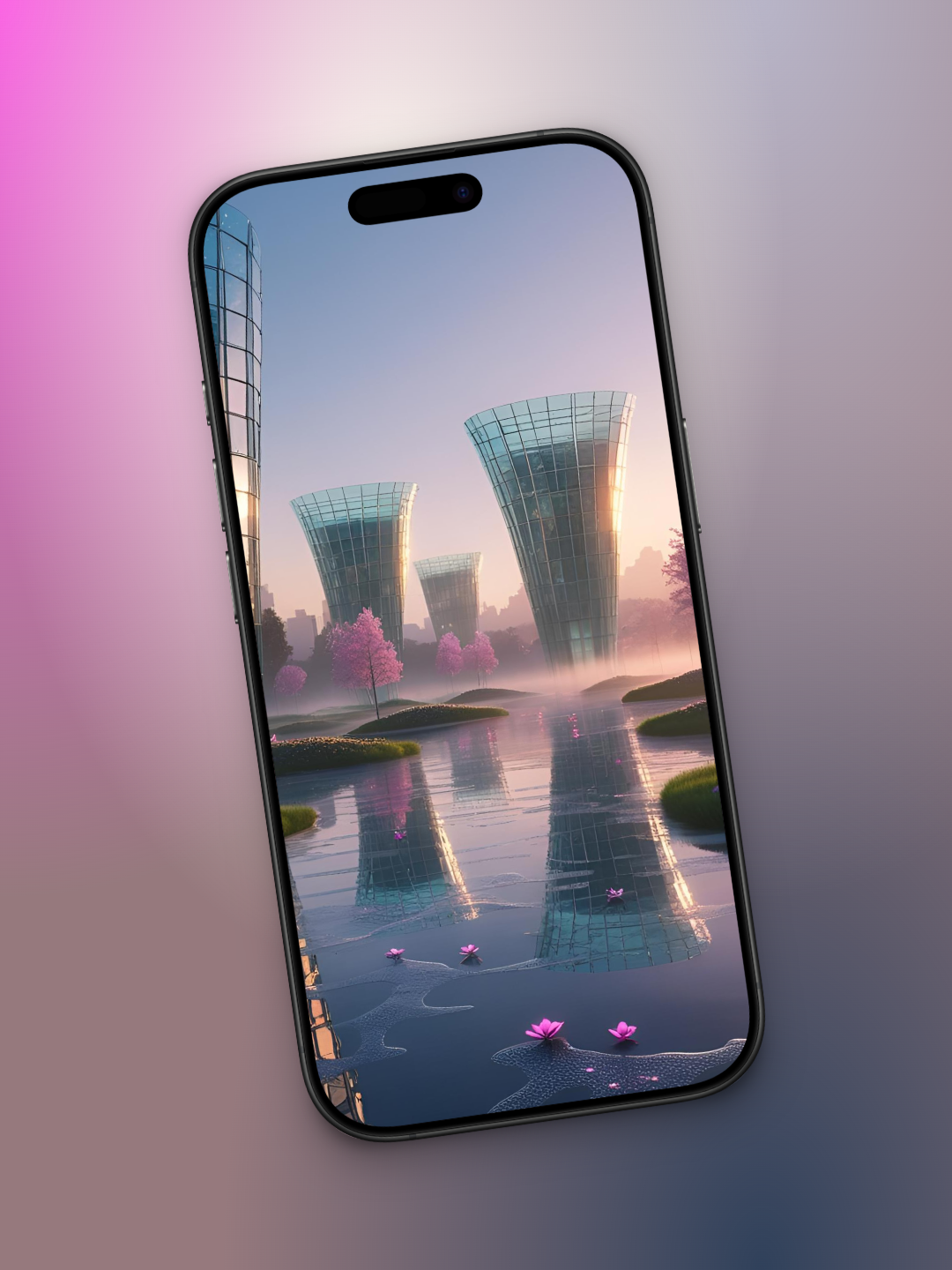 ciudad bonita futurista imagen ladeada de una ciudad con edificios conicos en forva de V modernos como si fueran de solo vidrio, debajo arboles rosados y flores. Todo sobre un jardin acuatico con pequeñas islas verdes, se reflejan arboles y edificios.