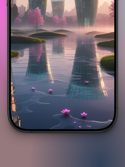 ciudad bonita futurista imagen de Zoom Abajo de una ciudad con edificios conicos en forva de V modernos como si fueran de solo vidrio, debajo arboles rosados y flores. Todo sobre un jardin acuatico con pequeñas islas verdes, se reflejan arboles y edificios.