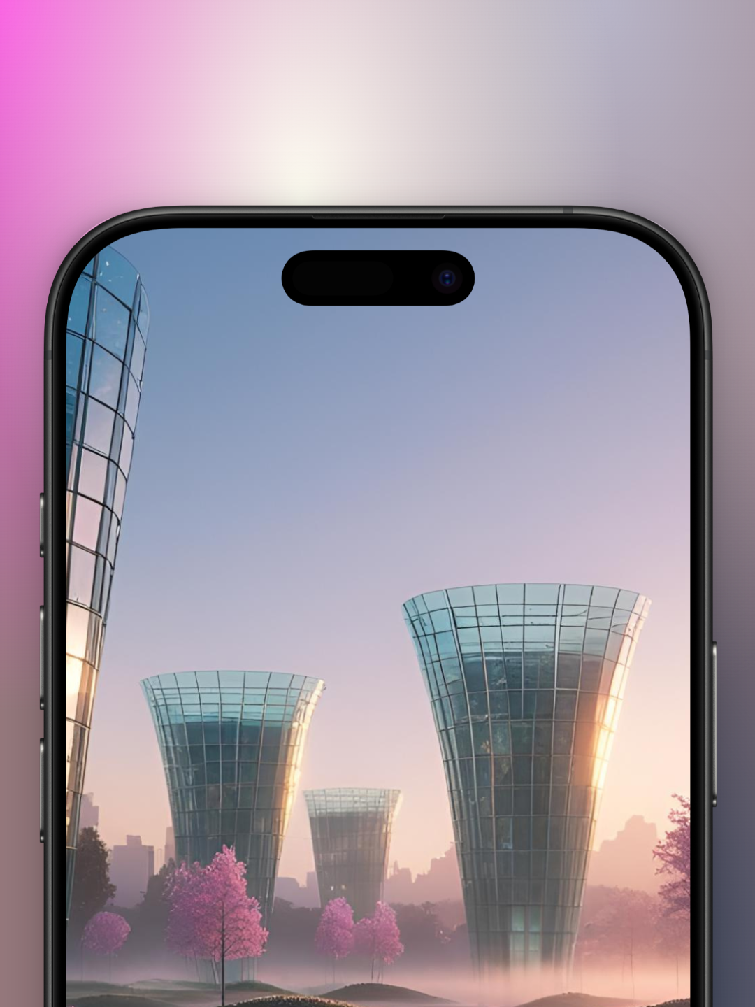 ciudad bonita futurista imagen de Zoom Arriba de una ciudad con edificios conicos en forva de V modernos como si fueran de solo vidrio, debajo arboles rosados y flores. Todo sobre un jardin acuatico con pequeñas islas verdes, se reflejan arboles y edificios.