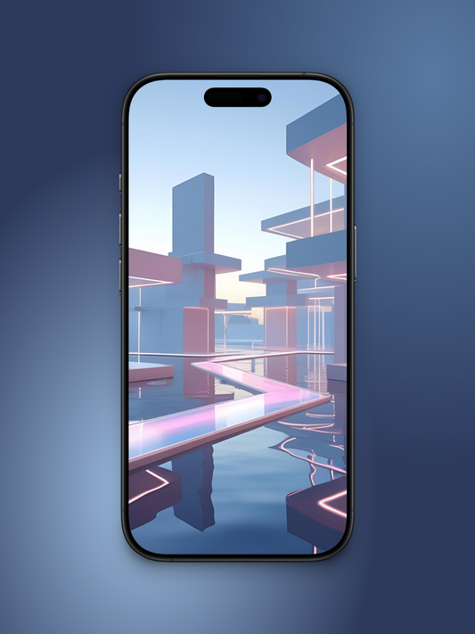 Imagen de una ciudad minimalista y futurista basado en cómo sería el mes de julio en el año 3000 con un puente cristalizado con reflejos azules y camino rosado sobre el agua y edificacion rectangular con luces neon en el borde.