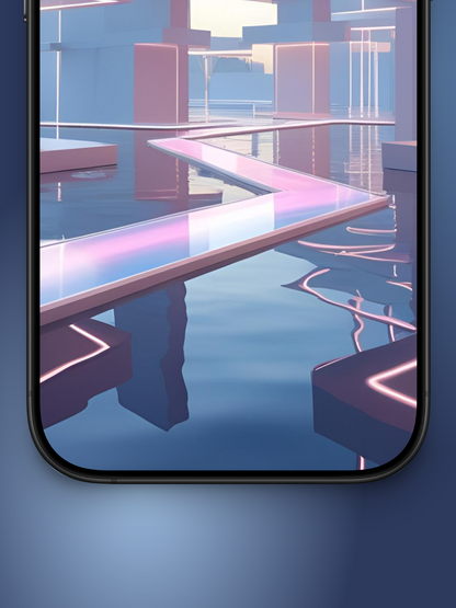 Imagen zoom desde abajo de una ciudad minimalista y futurista basado en cómo sería el mes de julio en el año 3000 con un puente cristalizado con reflejos azules y camino rosado sobre el agua y edificacion rectangular con luces neon en el borde.