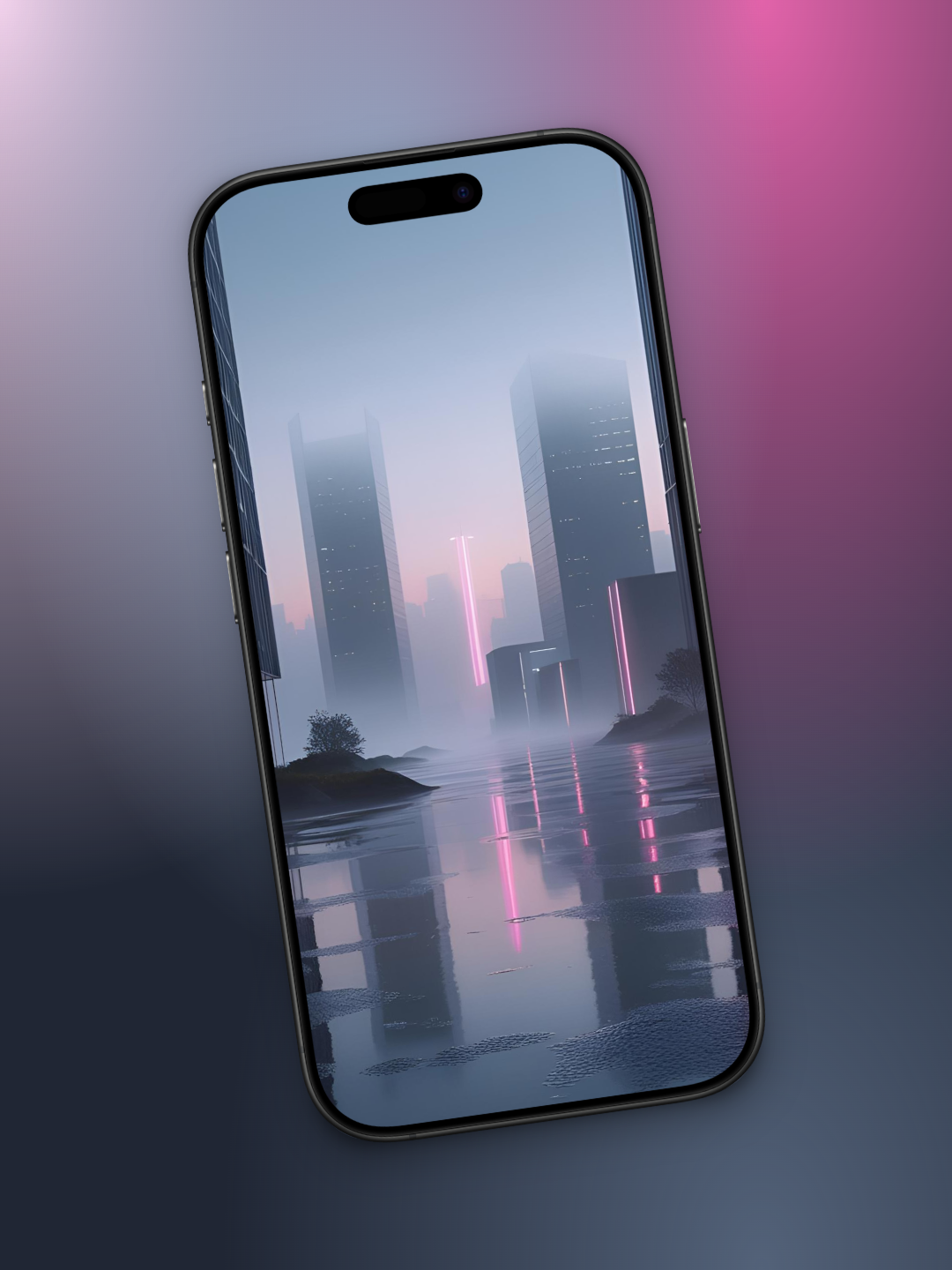 Imagen ladeada de ciudad oscura futurista basado en cómo sería el mes de noviembre en el año 3000 con rascacielos de ventanales negros con luces neon y reflejos de un dia lluvioso con suelo oscuro y reflejos de rascacielos y neon.