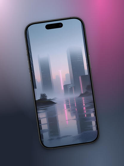 Imagen ladeada de ciudad oscura futurista basado en cómo sería el mes de noviembre en el año 3000 con rascacielos de ventanales negros con luces neon y reflejos de un dia lluvioso con suelo oscuro y reflejos de rascacielos y neon.