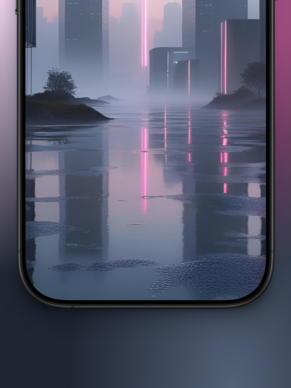 Imagen zoom abajo de ciudad oscura futurista basado en cómo sería el mes de noviembre en el año 3000 con rascacielos de ventanales negros con luces neon y reflejos de un dia lluvioso con suelo oscuro y reflejos de rascacielos y neon.