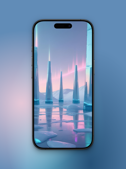 Imagen de ciudad de hielo futurista basado en cómo sería el mes de diciembre en el año 3000 con edificios en forma piramidal muy delgados metalizados holográficos y con puntas de luces holográficas y reflejos de hielo en tonos futuristas.
En el fondo se ve una aurora boreal rosada y montañas de nieve.