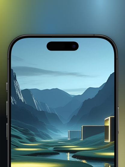 Imagen Zoom arriba de una ciudad entre montañas con un río moderno minimalista y futurista basado en cómo sería el mes de octubre en el año 3000. Se ve un un angosto riachuelo zigag con bordes redondeados y casas rectangulares en el lado derecho, muy modernas, en el fondo se ven montañas  el cielo en tono azulado gris.