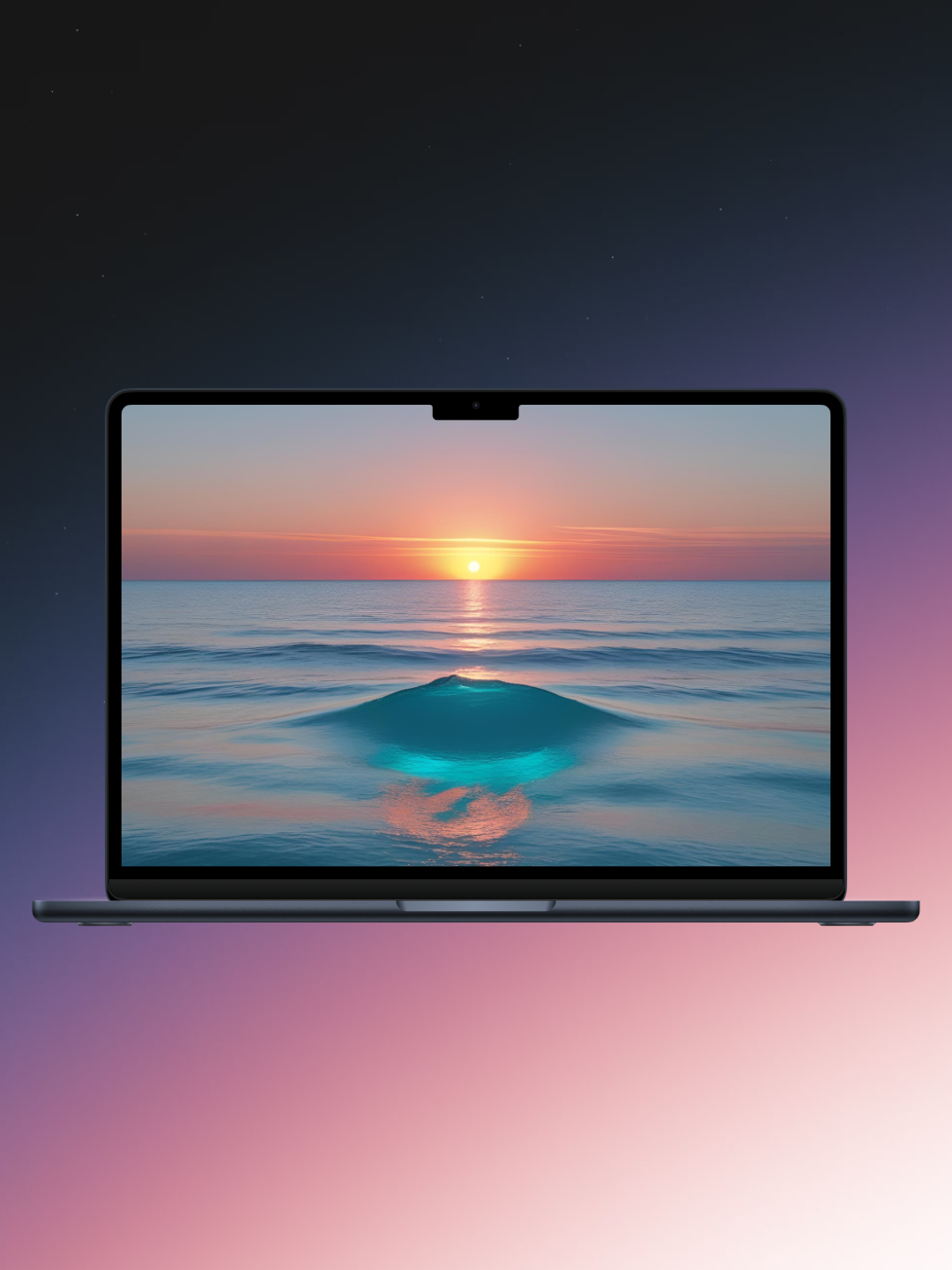 
A digital illustration of a laptop with a sunset beach scene on its screen. The laptop is dark gray or blue and is set against a background that transitions from a dark, starry night sky at the top to a soft, pink and purple glow at the bottom. The laptop's screen shows a large, orange sun setting over a calm, blue ocean. The reflection of the sun creates a distinct, bright turquoise shape on the surface of the water, resembling a gentle wave or swell.