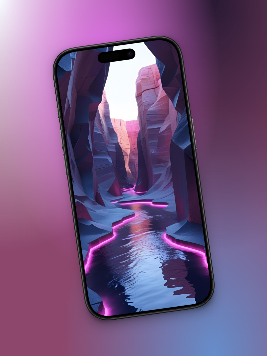 Imagen ladeada de un río y rocas en tonos oscuros y tierras basado en cómo sería el mes de agosto en el año 3000 se ve un río debajo de las inmensas rocas con el borde de luz neon rosada.