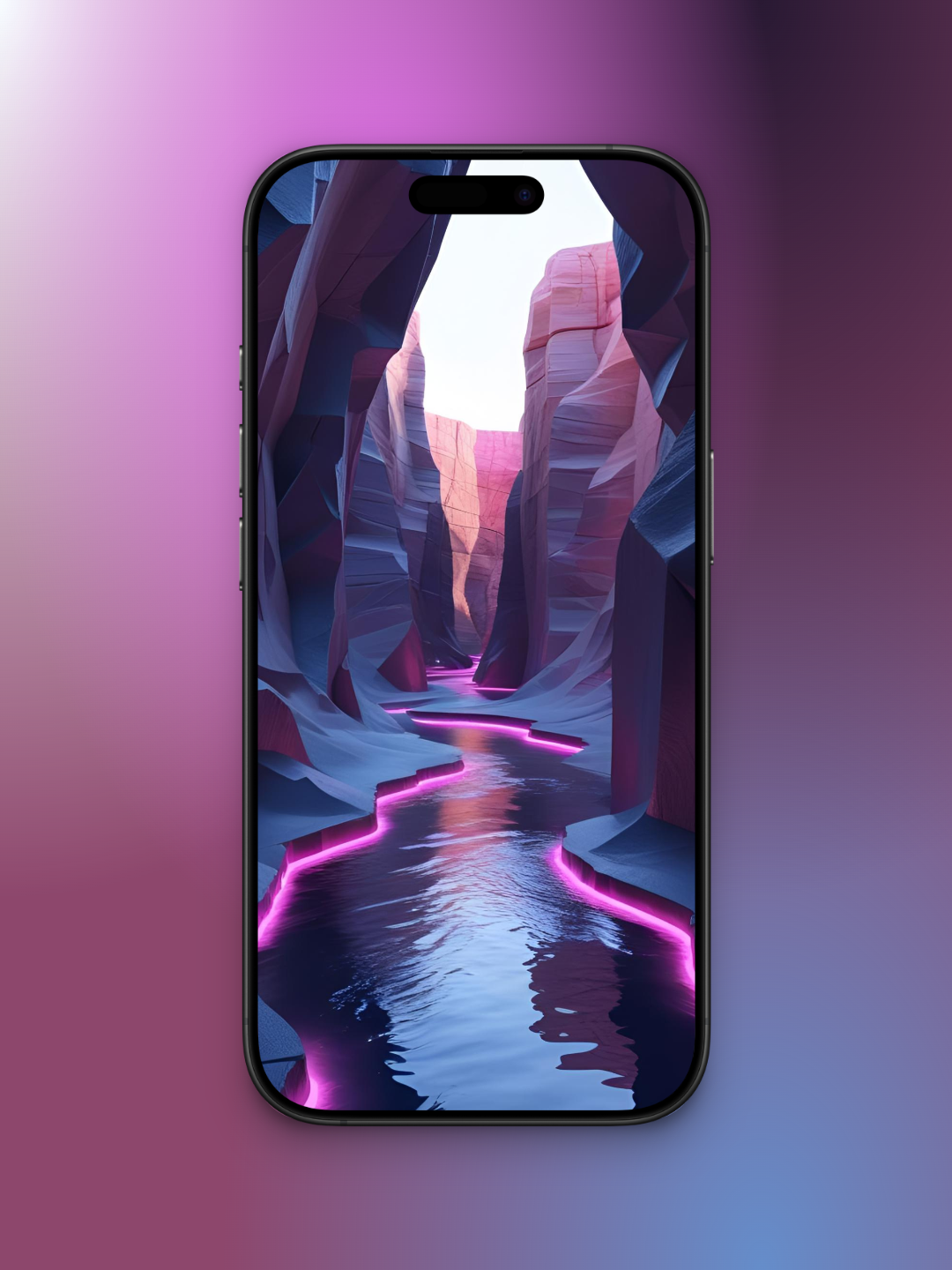Imagen de un río y rocas en tonos oscuros y tierras basado en cómo sería el mes de agosto en el año 3000 se ve un río debajo de las inmensas rocas con el borde de luz neon rosada.