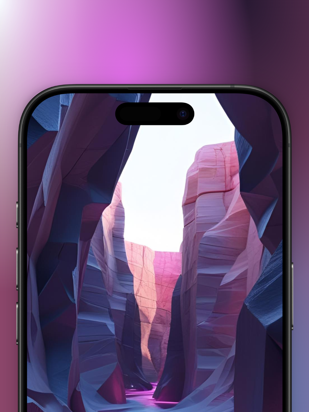 Zoom de arriba de un río y rocas en tonos oscuros y tierras basado en cómo sería el mes de agosto en el año 3000 se ve un río debajo de las inmensas rocas con el borde de luz neon rosada.