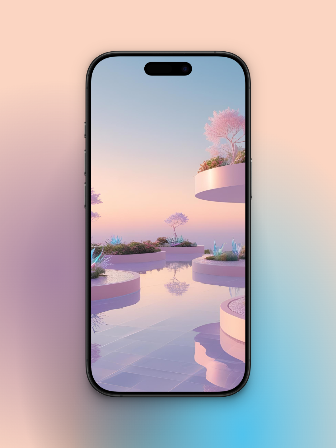 Portada de una terraza futurista del año 3000 ladeada con una piscina en tonos rosados pasteles y un cielo gradiente de rosa muy claro hasta azul, además cuenta con balcones y cimientos redondeados con vegetacion sobre la piscina y arboles rosa pastel muy claro.