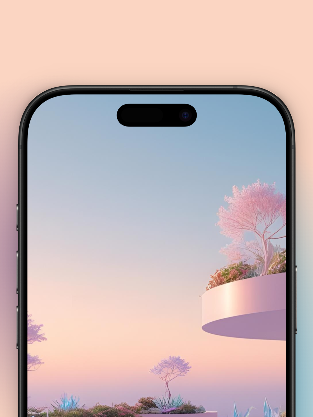 Imagen de una terraza futurista zoom arriba del año 3000 ladeada con una piscina en tonos rosados pasteles y un cielo gradiente de rosa muy claro hasta azul, además cuenta con balcones y cimientos redondeados con vegetacion sobre la piscina y arboles rosa pastel muy claro.