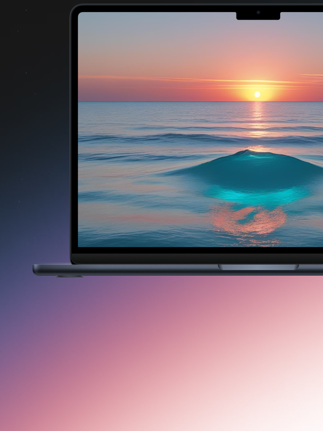 A digital illustration showing the bottom half of a laptop. The screen displays a sunset over a calm ocean, with a prominent turquoise-colored reflection of the sun on a gentle wave in the foreground. The laptop is set against a gradient background that transitions from a dark starry night sky at the top to a soft, pink and purple glow at the bottom. The laptop itself is dark gray or blue.