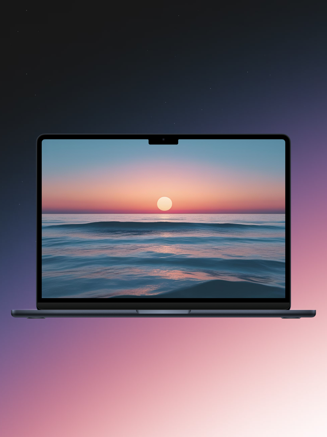 
A digital illustration of a laptop with a sunset beach scene on its screen. The laptop is dark gray or blue and is set against a background that transitions from a dark, starry night sky at the top to a soft, pink and purple glow at the bottom. The laptop's screen shows a large, orange sun setting over a gently rippling blue ocean.
