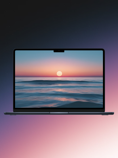 
A digital illustration of a laptop with a sunset beach scene on its screen. The laptop is dark gray or blue and is set against a background that transitions from a dark, starry night sky at the top to a soft, pink and purple glow at the bottom. The laptop's screen shows a large, orange sun setting over a gently rippling blue ocean.