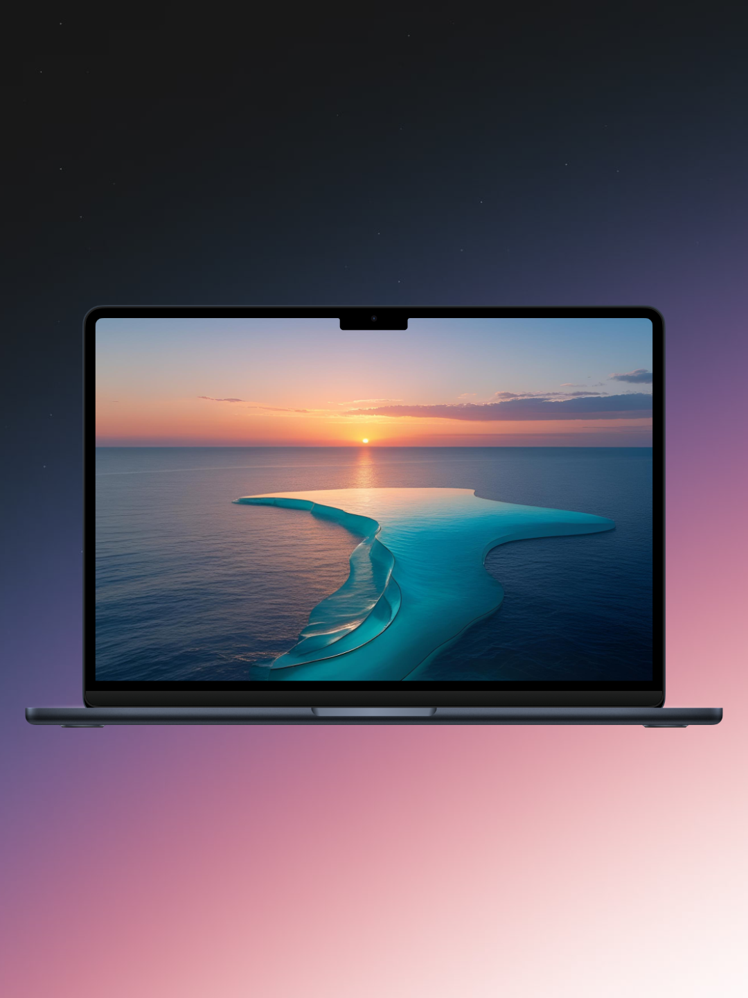 A digital rendering shows a laptop computer open, displaying a vibrant sunset scene over a tropical beach. The laptop is positioned centrally against a gradient background that fades from a dark, starry night sky at the top to a soft blend of pink and purple hues at the bottom. The screen of the laptop illuminates the scene of a vivid orange and pink sunset casting a glow over a clear blue ocean and a unique, curving sandbar that extends into the water. The sandbar appears as a bright turquoise shallow area