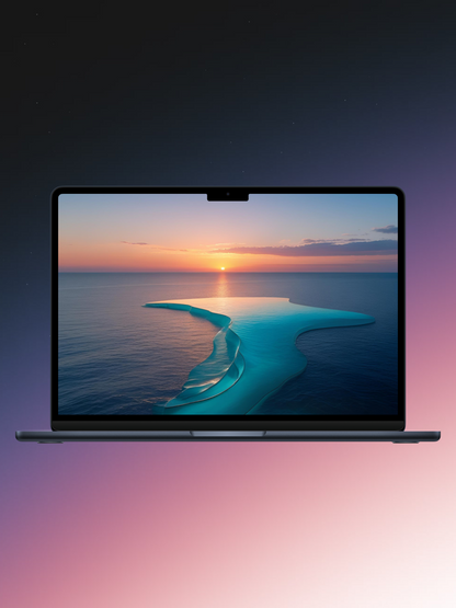 A digital rendering shows a laptop computer open, displaying a vibrant sunset scene over a tropical beach. The laptop is positioned centrally against a gradient background that fades from a dark, starry night sky at the top to a soft blend of pink and purple hues at the bottom. The screen of the laptop illuminates the scene of a vivid orange and pink sunset casting a glow over a clear blue ocean and a unique, curving sandbar that extends into the water. The sandbar appears as a bright turquoise shallow area