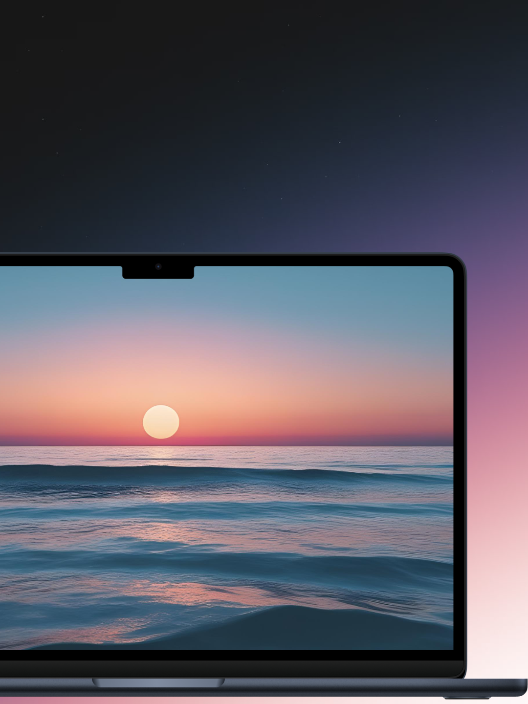 The image shows a close-up digital illustration of a laptop screen displaying a serene sunset over an ocean.