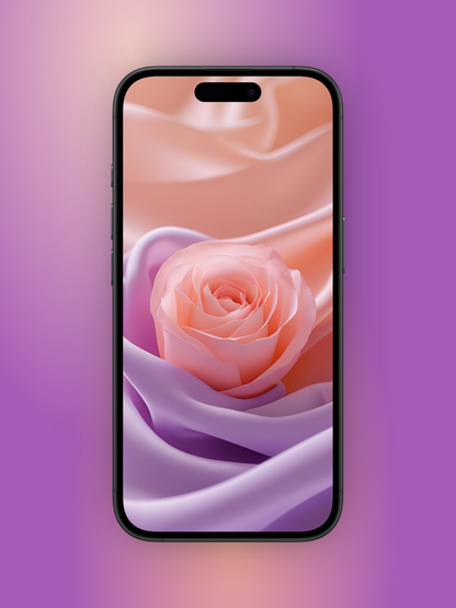 A single, vibrant peach-pink rose is the central subject of the image.  The rose is in sharp focus, showcasing its delicate petals and intricate center. The rose is positioned near the center of the image, nestled amongst flowing, smooth, and slightly glossy light-purple and light-peach colored fabric-like drapes or silk.  The drapes seem to wrap around the rose in a soft, almost liquid-like way. The colors are soft and pastel, creating a gentle and romantic atmosphere.  