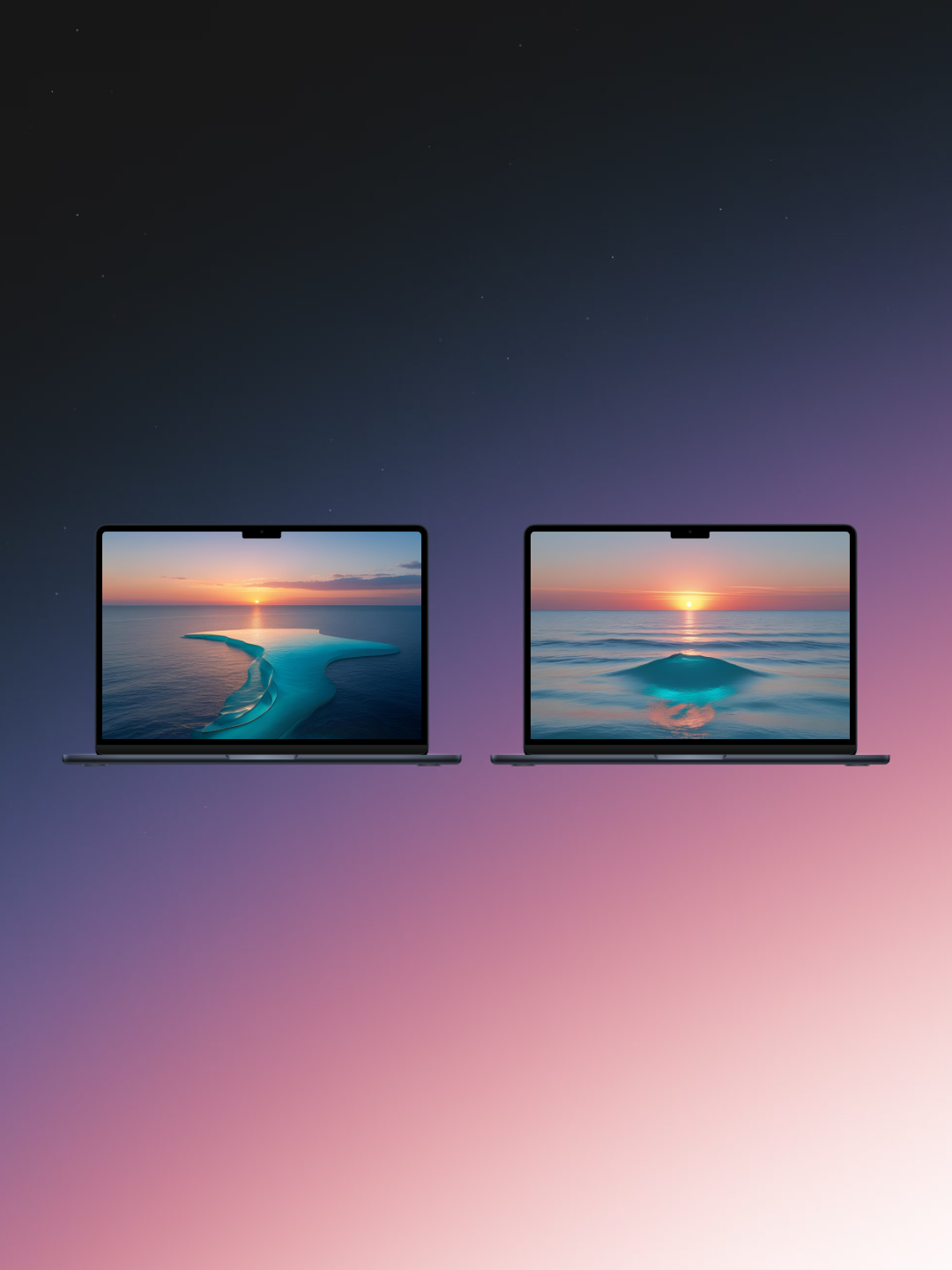 Two digital illustrations of laptops with different sunset beach scenes displayed on their screens. Both laptops are depicted against a gradient background that transitions from a dark, star-speckled night sky at the top to a soft, pink and purple hue at the bottom. The laptop on the left shows a sunset over a tranquil ocean with a small, sandy islet. The laptop on the right displays a sunset reflecting on the calm surface of the water.