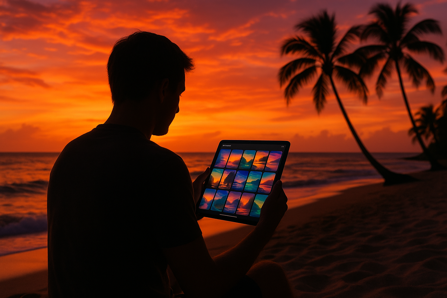 una persona escogiendo un fondo de pantalla, en un atardecer en la playa